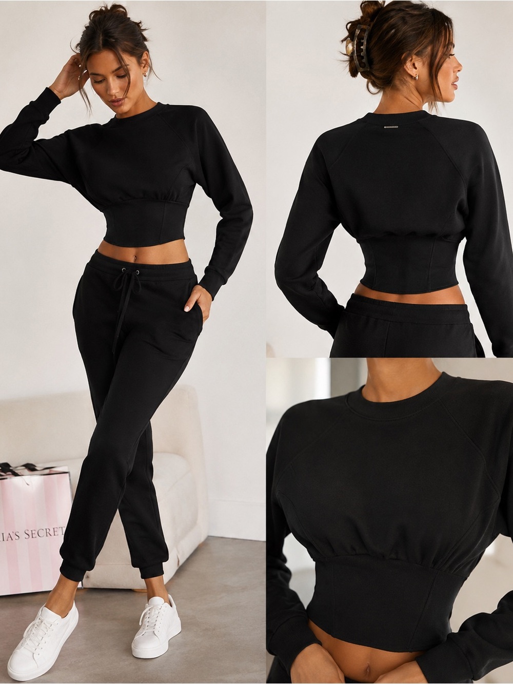 🖤Victoria’s Secret NWT Black Cropped Corset Waist Sweatshirt Size S